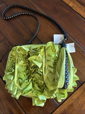Diane von Furstenberg Lime Ruffle Crossbody Bag with silver studs